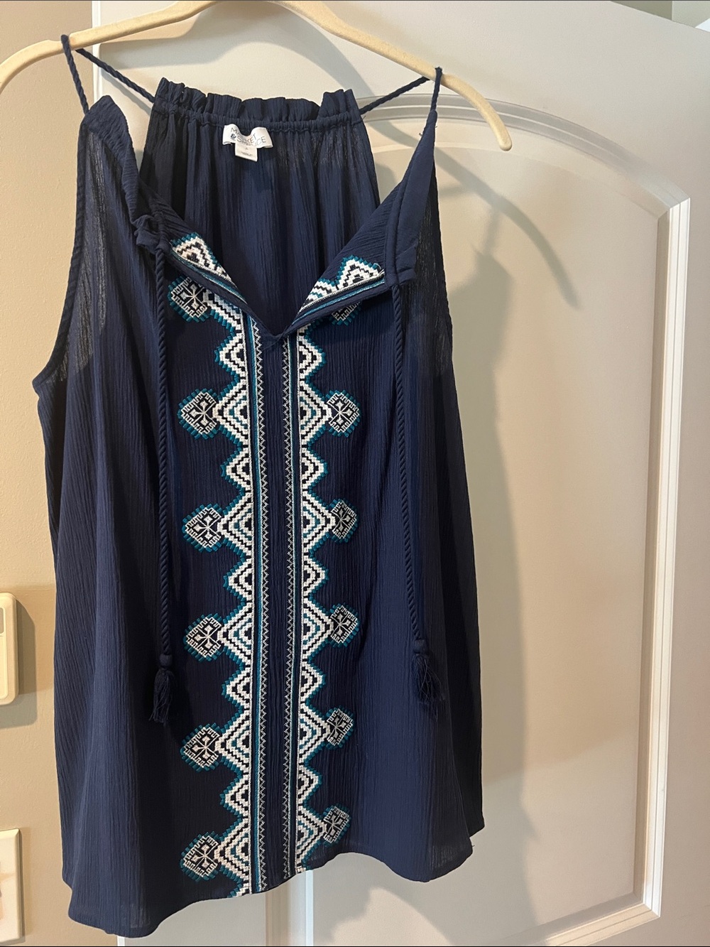 Market & Spruce Navy Sleeveless Embroidered Camisole with Tassel Ties